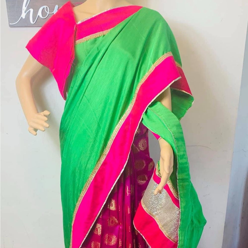 Vibrant Green and Pink Sari Katan and shipon combination